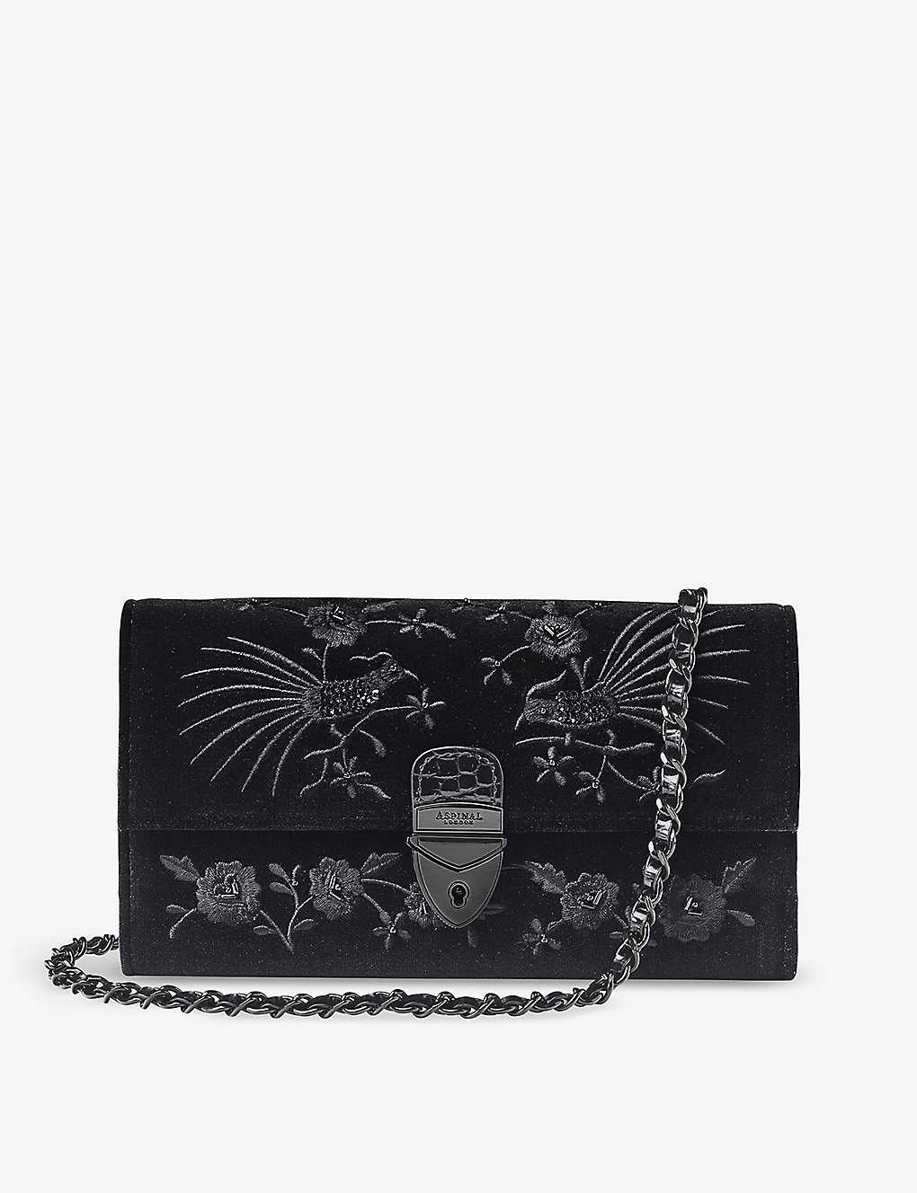 Aspinal Of London Womens Black Mayfair Flower-embroidered Leather Clutch Bag