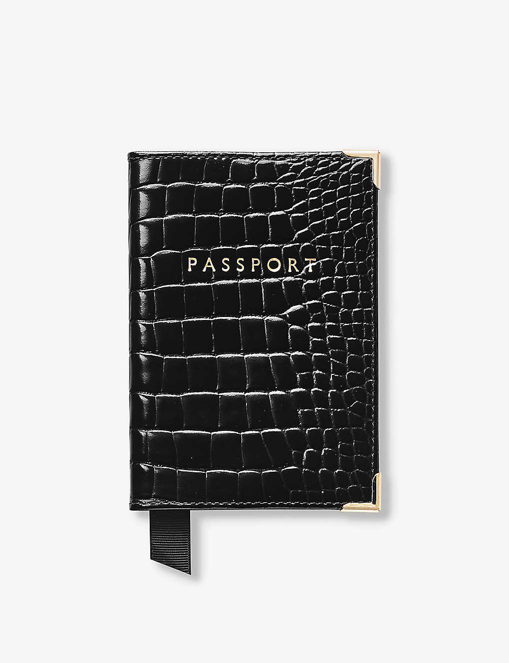 Aspinal Of London Black Patent Crocodile-embossed Leather Passport Cover