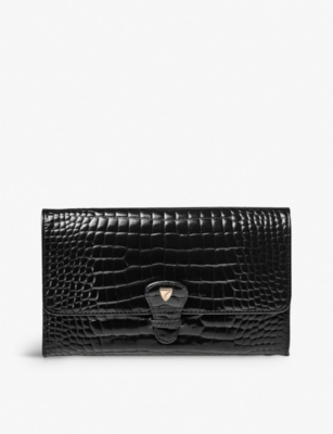Aspinal Of London Womens Black Removable-insert Patent Crocodile-embossed Leather Travel Wallet