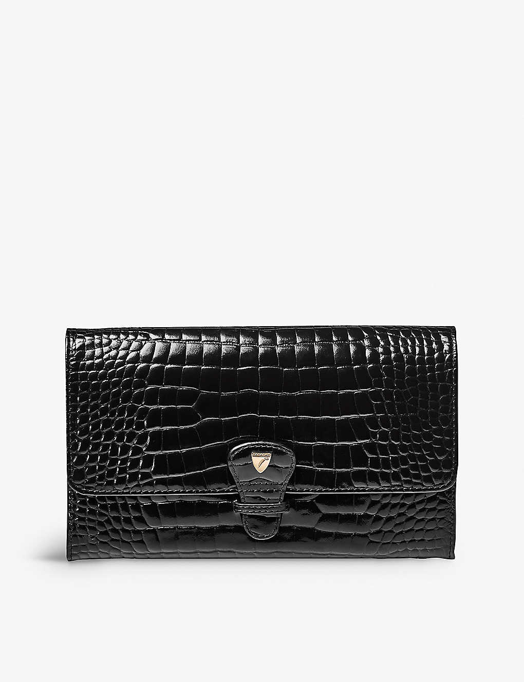 Aspinal Of London Womens Black Removable-insert Patent Crocodile-embossed Leather Travel Wallet