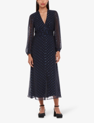 Shop Whistles Women's Blue Metallic-dot Long-sleeve Woven Midi Dress