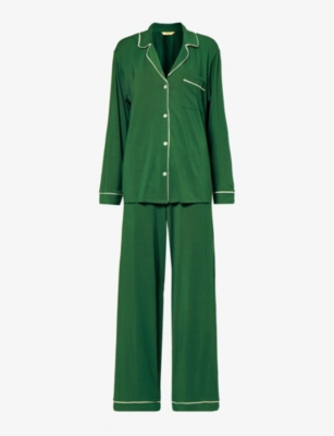 Eberjey Gisele Piped-trim Jersey Pyjamas In Forest Green/ivory