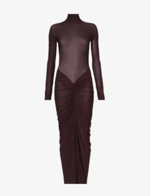 Alaïa Alaia Womens Bordeaux High-neck Slim-fit Stretch-woven Maxi Dress