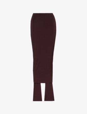 Shop Alaïa Alaia Women's Bordeaux Slim-fit Semi-sheer Stretch-woven Midi Skirt In Red