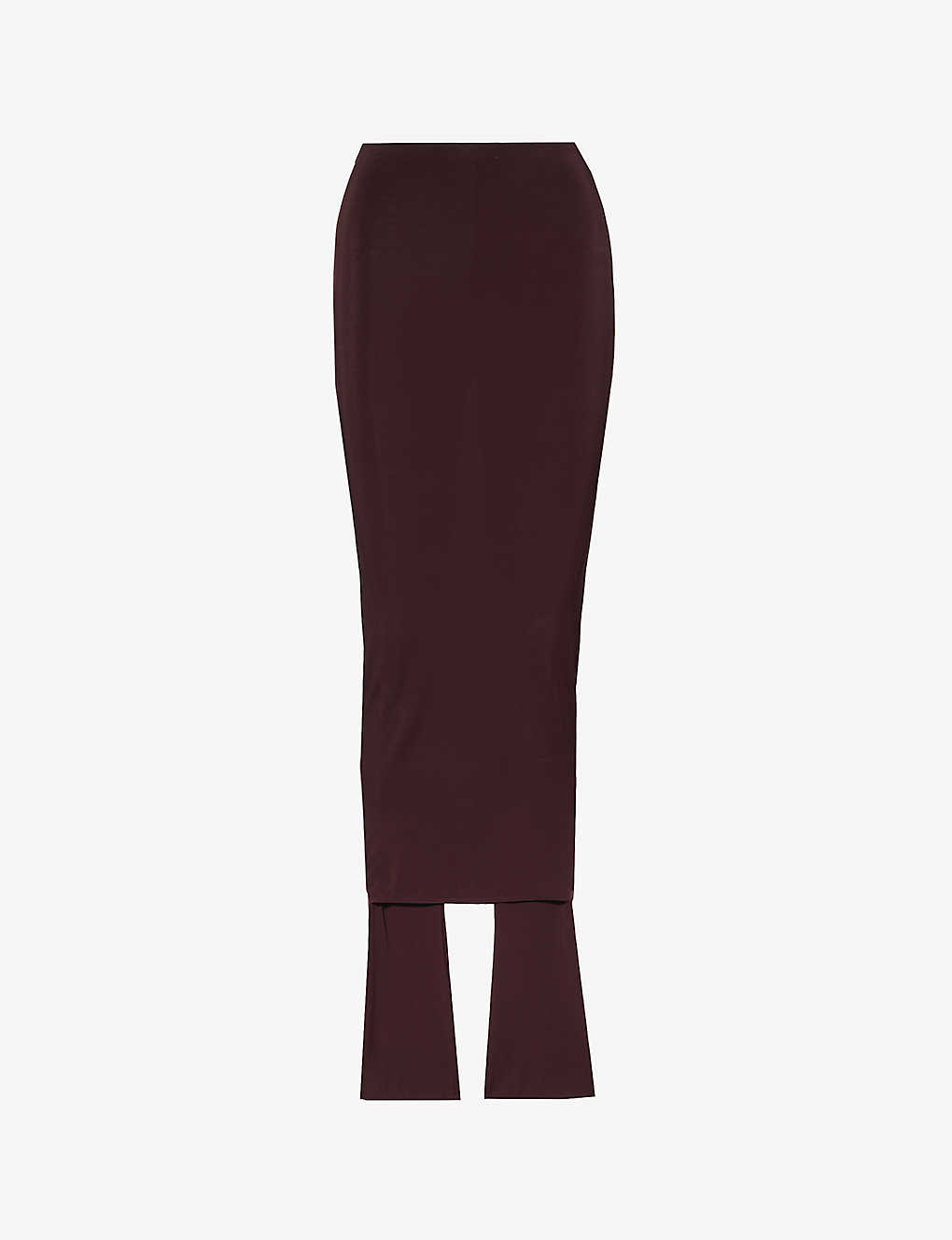 Shop Alaïa Alaia Women's Bordeaux Slim-fit Semi-sheer Stretch-woven Midi Skirt In Red