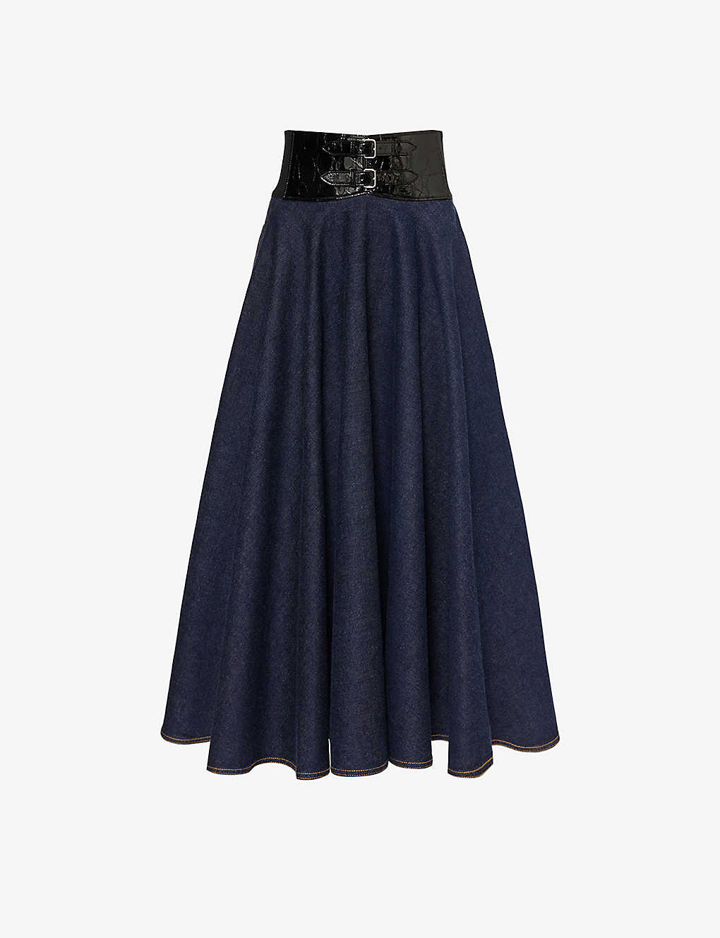 Shop Alaïa Alaia Women's Bleu Denim Belted High-rise Denim Midi Skirt