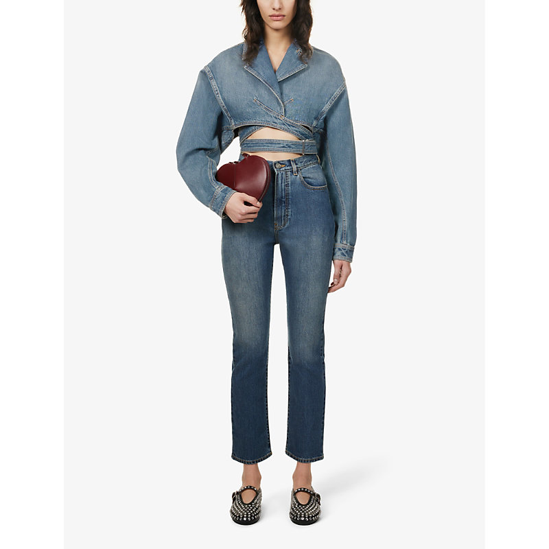 Shop Alaïa Alaia Womens Bleu Vintage Cross-over Cropped Leather Jacket In Blue