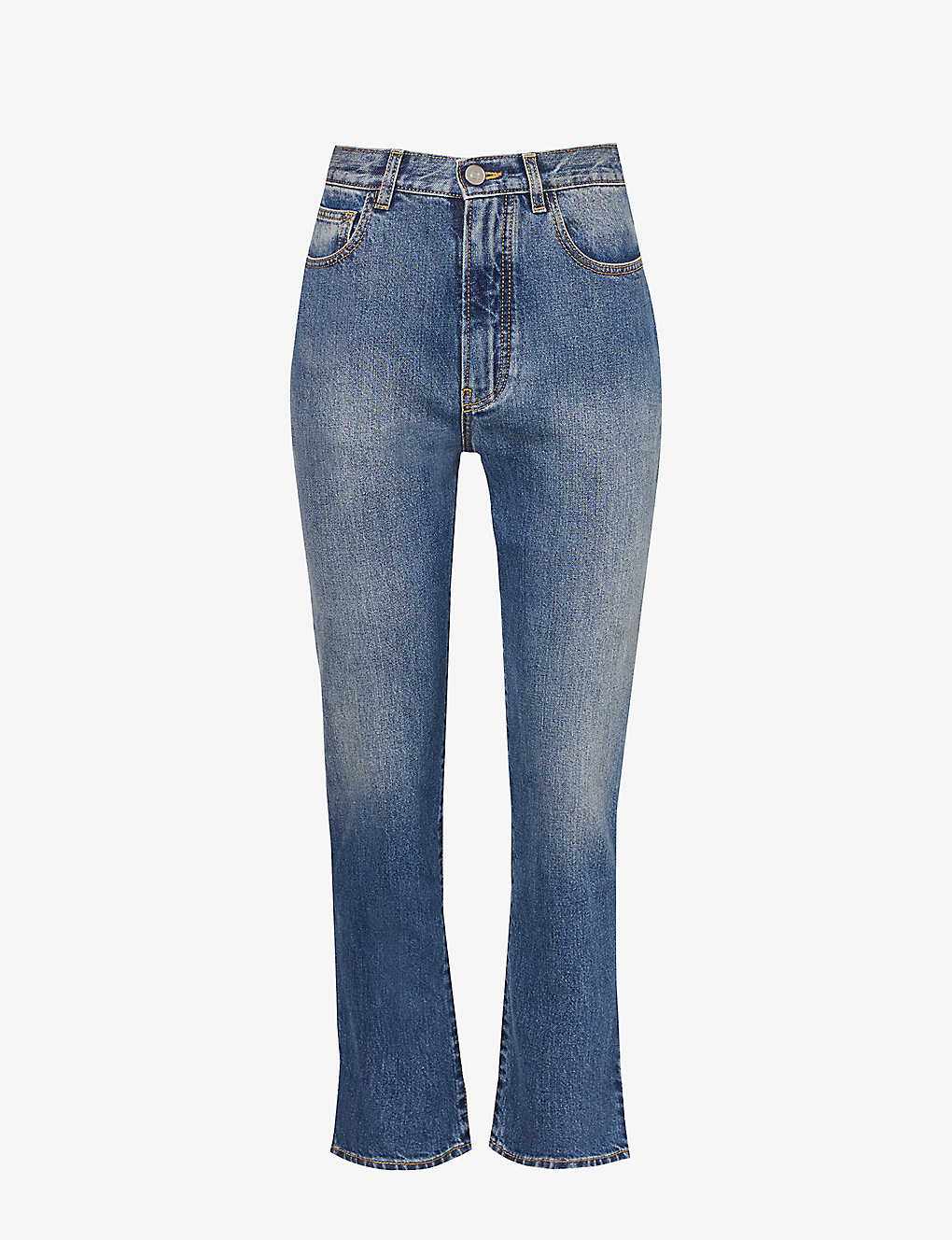 Shop Alaïa Structured-waist Contrast-stitch Straight High-rise Jeans In Bleu Vintage