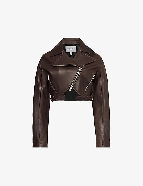 ALAIA: Cropped asymmetrical leather biker jacket
