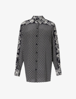 Shop Balmain Womens Noir Ivoire Branded Paisley-pattern Silk Shirt