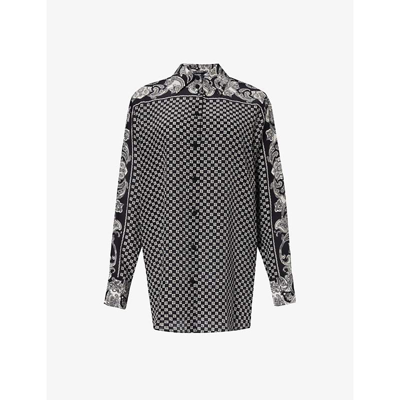 Shop Balmain Women's Noir Ivoire Branded Paisley-pattern Silk Shirt
