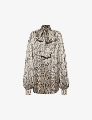 Balmain Snake-print Tie-detail Silk Blouse In Gris Clair