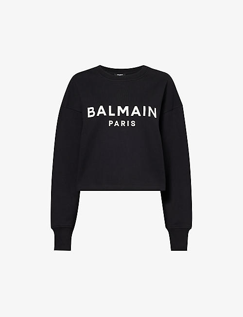 BALMAIN: Logo-print cropped cotton-jersey sweatshirt