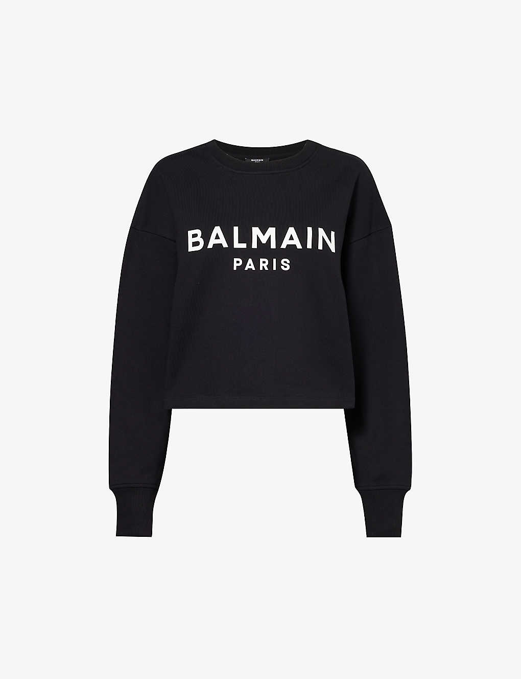 Shop Balmain Womens Noir Blanc Logo-print Cropped Cotton-jersey Sweatshirt In Monochrome
