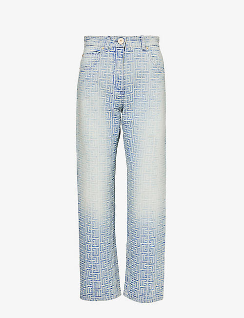 BALMAIN: Monogram-pattern faded-wash straight-leg mid-rise jeans
