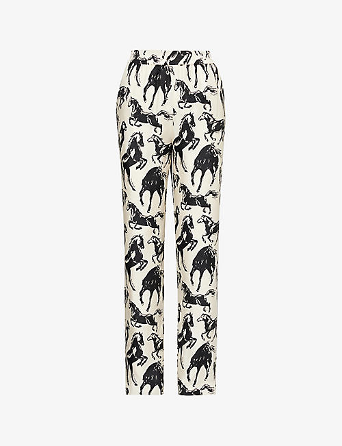 BALMAIN: Horse-print mid-rise straight-leg silk trousers