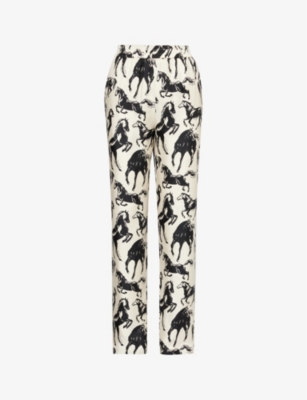 Shop Balmain Women's Ecru Noir Horse-print Mid-rise Straight-leg Silk Trousers