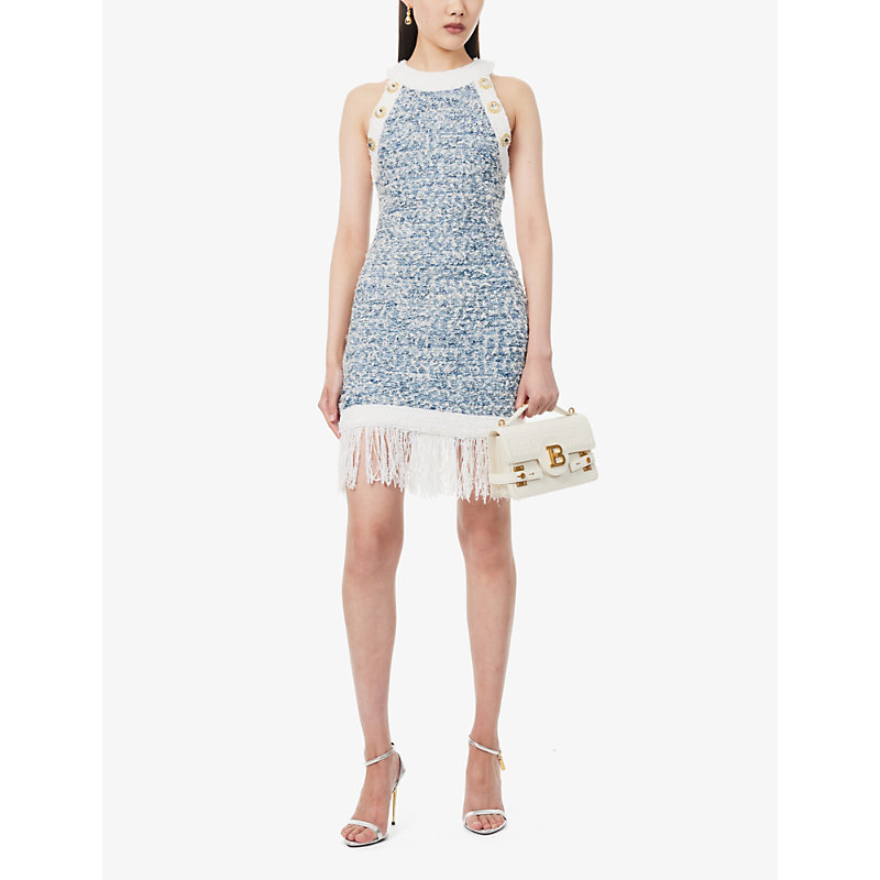 Shop Balmain Women's Bleu Pale Blanc Tweed-pattern Fringed-hem Knitted Mini Dress