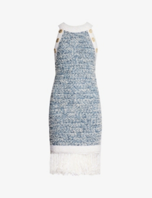 BALMAIN: Tweed-pattern fringed-hem knitted mini dress