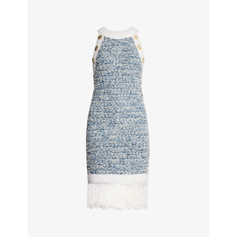 Shop Balmain Women's Bleu Pale Blanc Tweed-pattern Fringed-hem Knitted Mini Dress