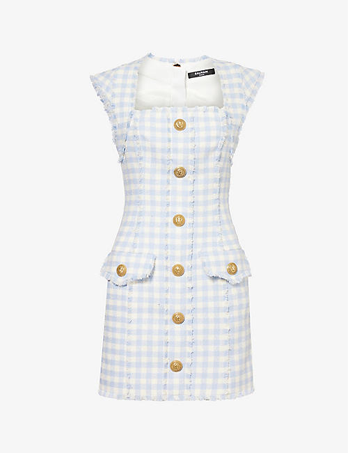 BALMAIN: Vichy check-pattern cotton-blend mini dress
