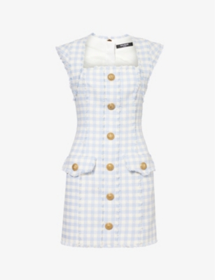 Shop Balmain Women's Bleu Pale Blanc Vichy Check-pattern Cotton-blend Mini Dress