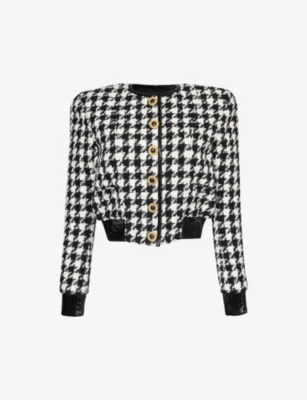 BALMAIN: Button-embellished houndstooth tweed jacket