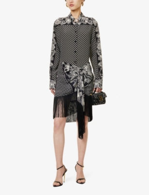 Shop Balmain Branded Paisley-pattern Silk Mini Skirt In Ecru Noir