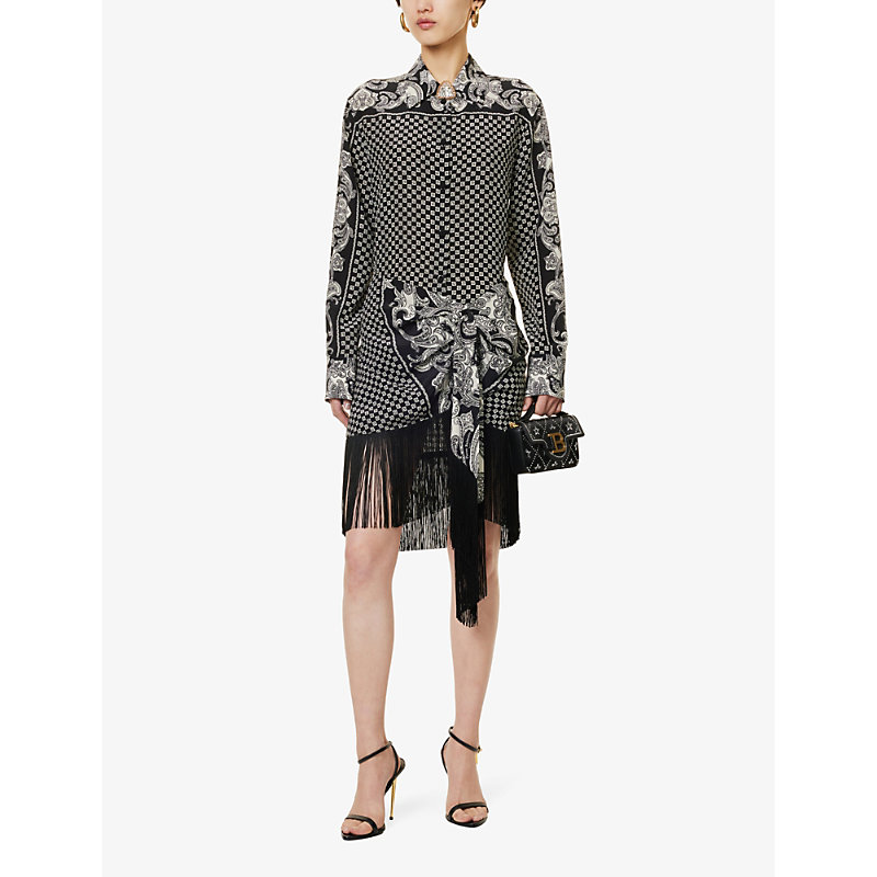 Shop Balmain Branded Paisley-pattern Silk Mini Skirt In Ecru Noir