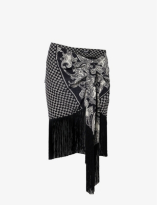 Shop Balmain Womens Ecru Noir Branded Paisley-pattern Silk Mini Skirt
