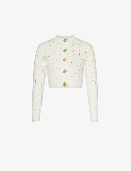 BALMAIN: Open-knit embellished-buttons knitted cardigan