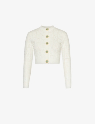 Shop Balmain Women's Blanc Open-knit Embellished-buttons Knitted Cardigan
