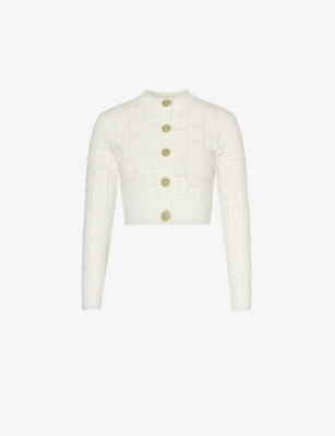 Balmain Cropped Cardigan With Jewel Buttons In Blanc