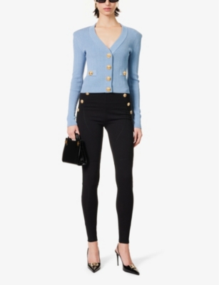 Shop Balmain Padded-shoulders Cropped Knitted Cardigan In Bleu Pale