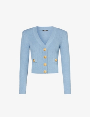 Balmain Womens Bleu Pale Padded-shoulders Cropped Knitted Cardigan