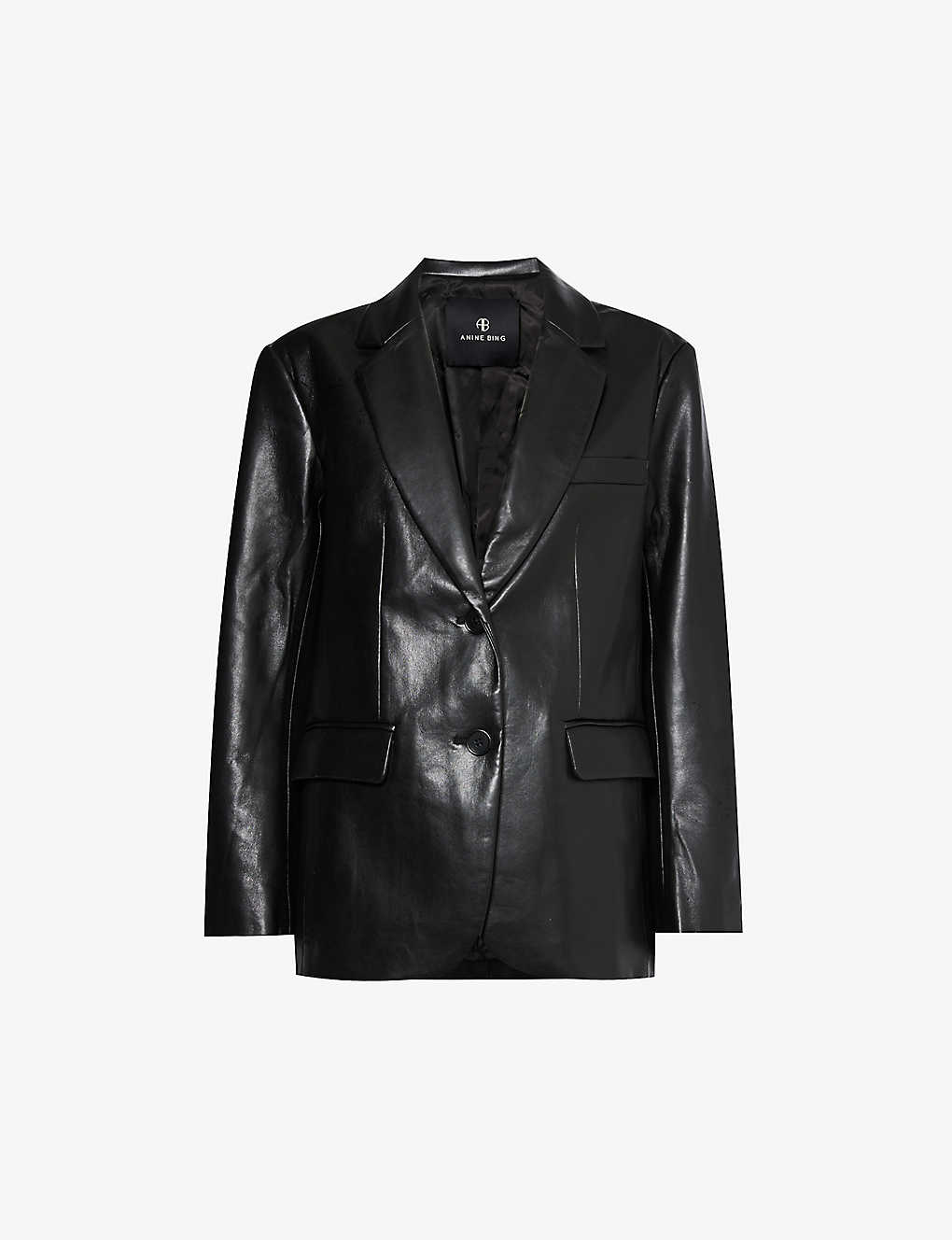 Shop Anine Bing Women's Black Single-breasted Faux-leather Jacket
