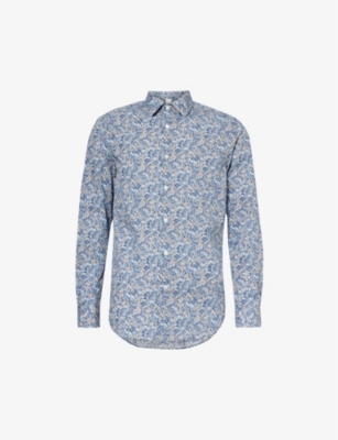 Paul Smith Mens Petrol Blue Slim-fit Floral-print Cotton-poplin Shirt