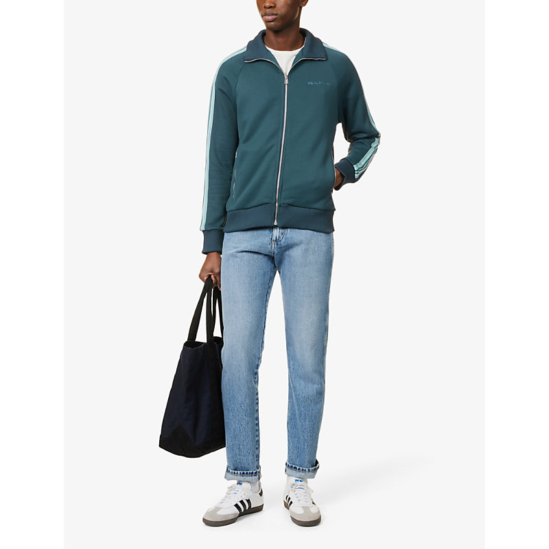 Shop Ps By Paul Smith Brand-embroidered Funnel-neck Cotton-blend Track Jacket In Inky Blue