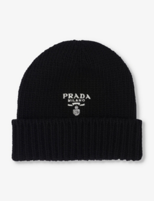 PRADA Logo embroidered ribbed cashmere and wool blend beanie hat