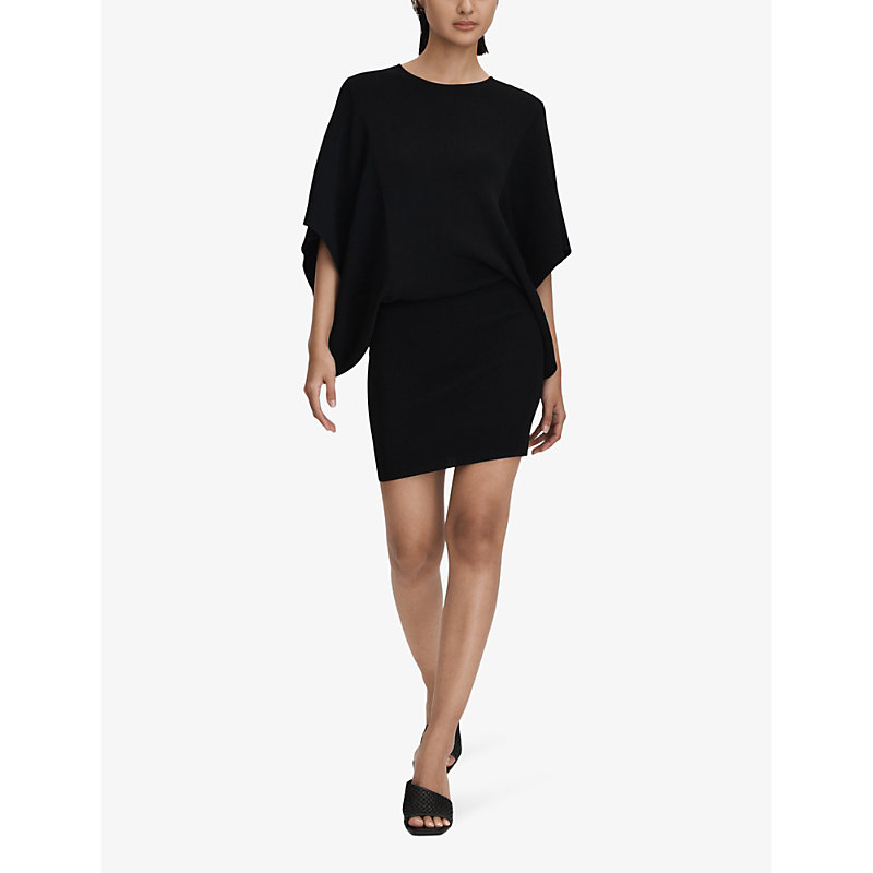 Shop Reiss Women's Black Julia Cape-sleeve Knitted Mini Dress