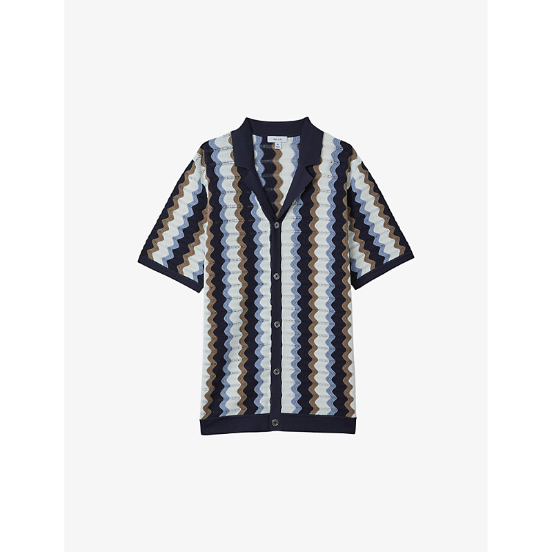 Shop Reiss Men's Blue Multi Waves Zig-zag Regular-fit Knitted Shirt