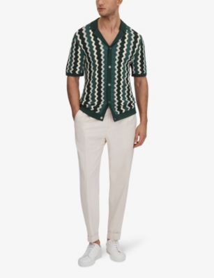 Shop Reiss Waves Zig-zag Regular-fit Knitted Shirt In Green Multi