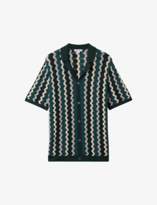 Shop Reiss Men's Green Multi Waves Zig-zag Regular-fit Knitted Shirt