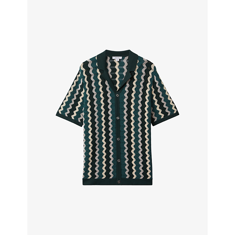 Shop Reiss Men's Green Multi Waves Zig-zag Regular-fit Knitted Shirt