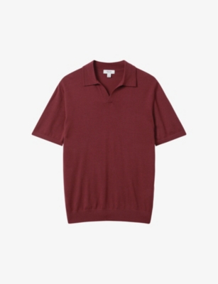 Reiss Mens Brick Red Duchie Open-neck Wool Polo Shirt