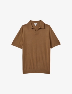 Reiss Mens Tobacco Brown Duchie Open-neck Wool Polo Shirt