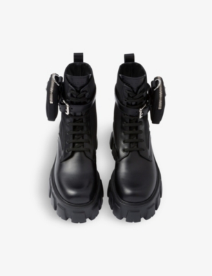 Prada Monolith Leather And Re-nylon Boots With Pouch In Black