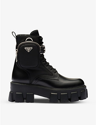 PRADA: Monolith pouch-embellished leather and recycled-nylon ankle boots