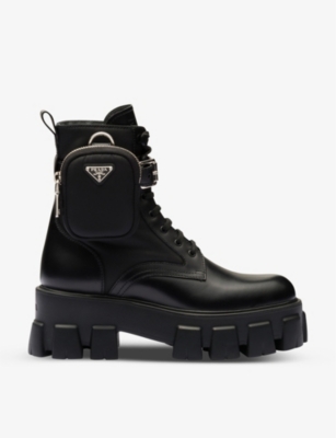 PRADA PRADA WOMEN'S BLACK MONOLITH POUCH-EMBELLISHED LEATHER AND RECYCLED-NYLON ANKLE BOOTS