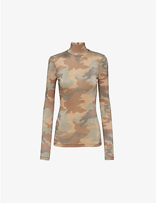 PRADA: Camouflage-print slim-fit silk top